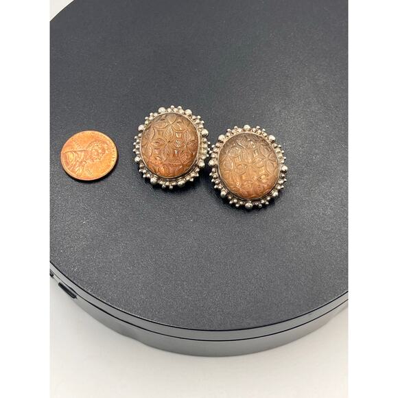 Stephen Dweck Designer Sterling Carved Smoky Quartz Oval Clip-On Floral Earrings - Picture 6 of 12